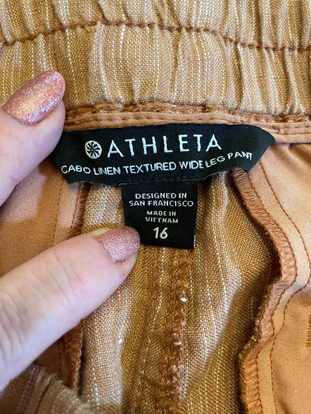 Athleta Cabo Women's 100% Linen Wide Leg Pant Sz 16 Terracotta Striped Boho Chic - Picture 2 of 15